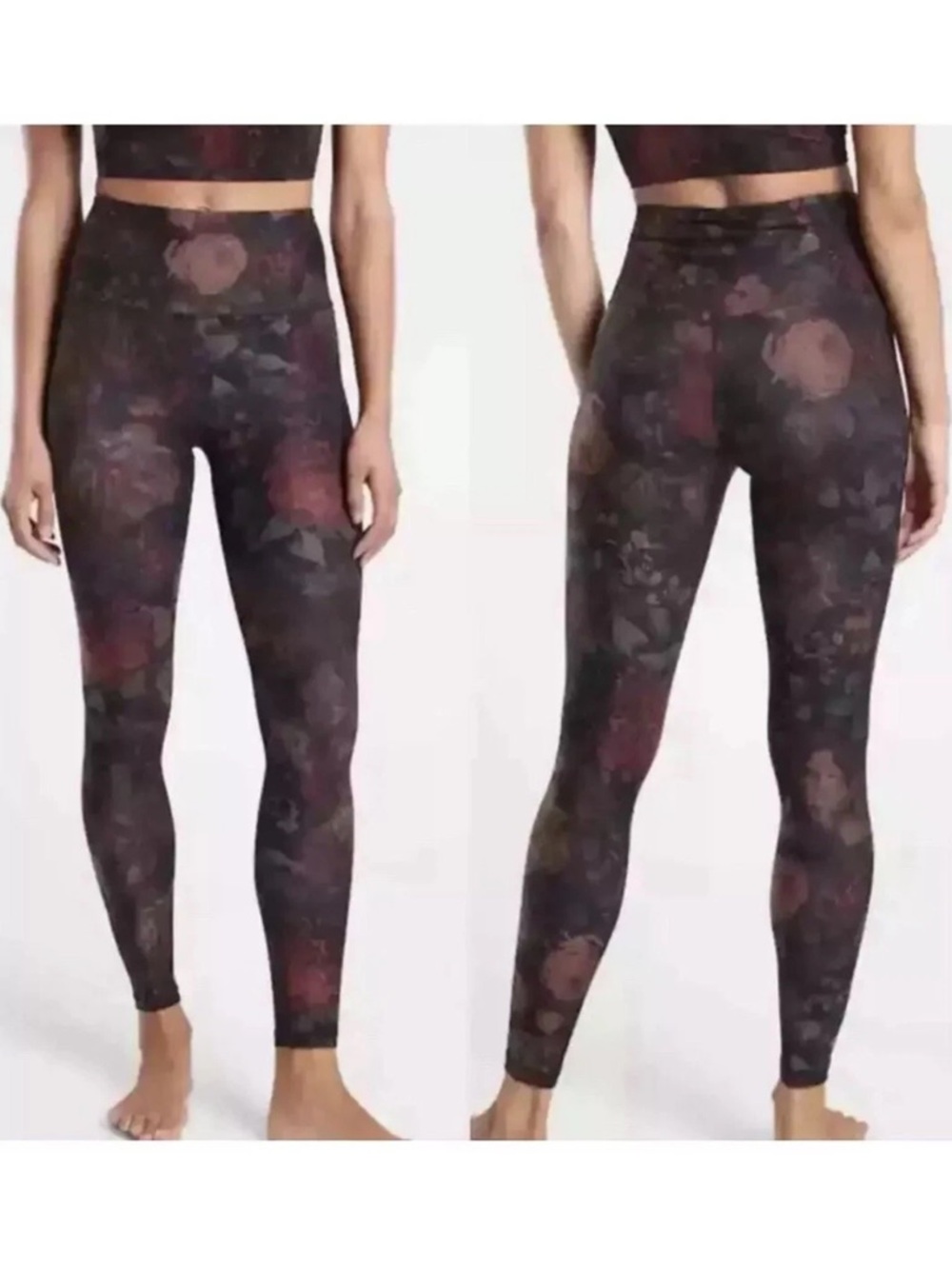 Athleta High-Rise Floral Leggings – Black with Burgundy Accents
